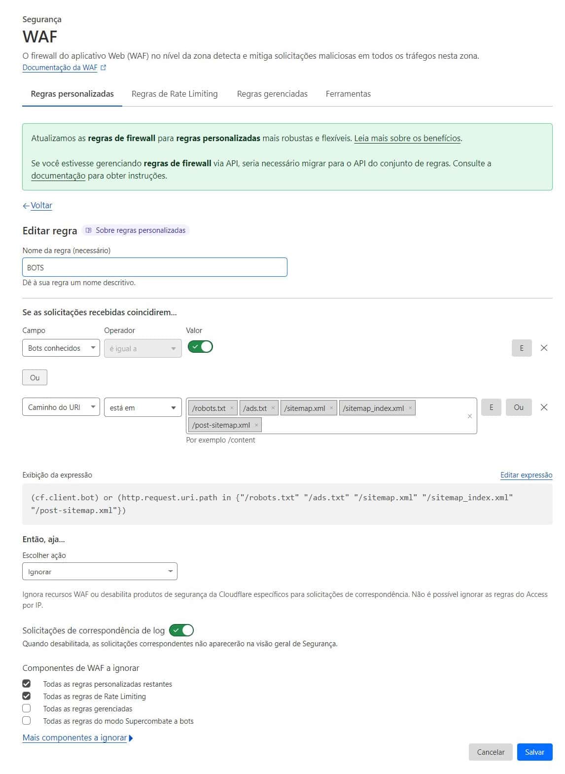 regras bots conhecidos cloudflare