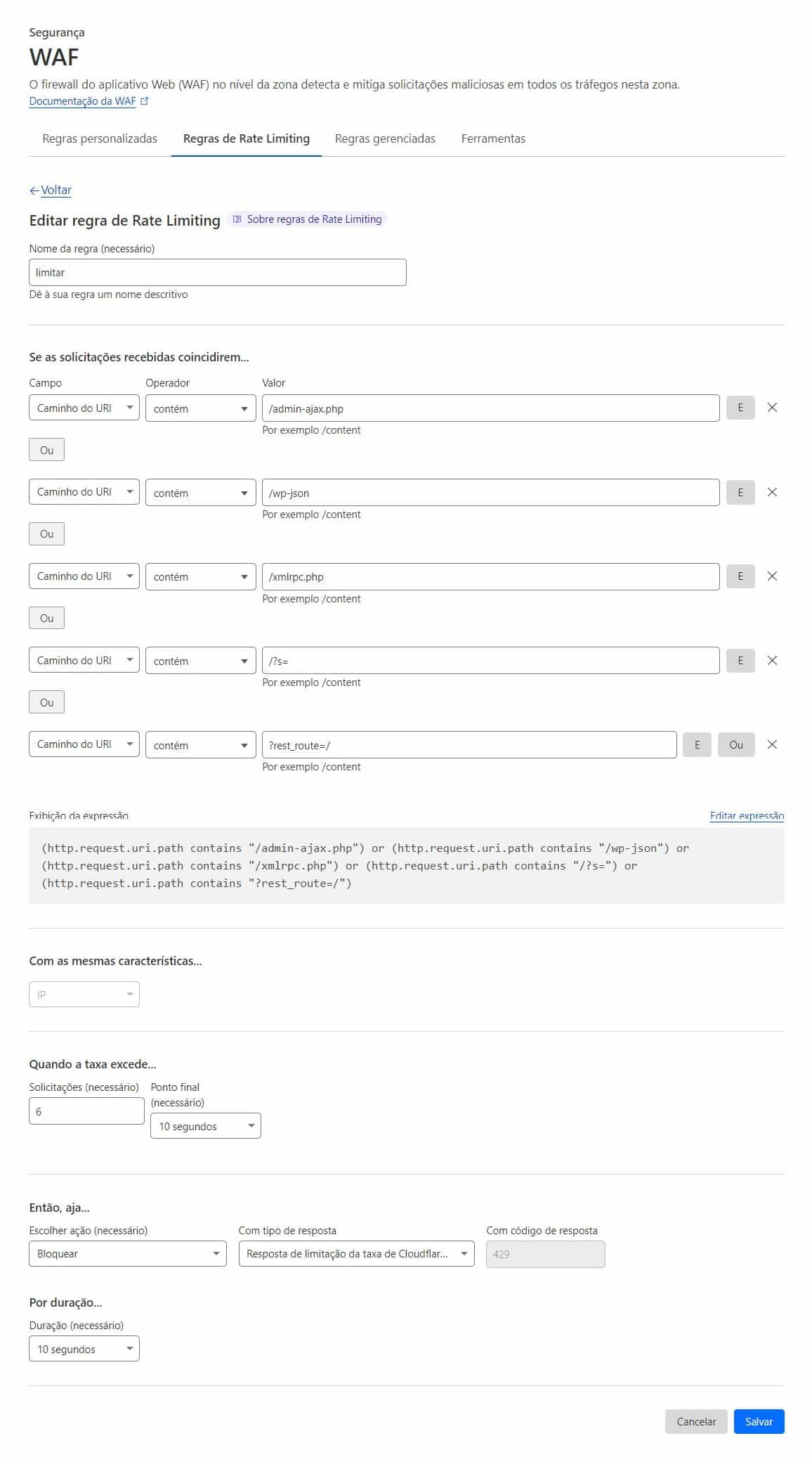 regras rate limiting cloudflare wordpress
