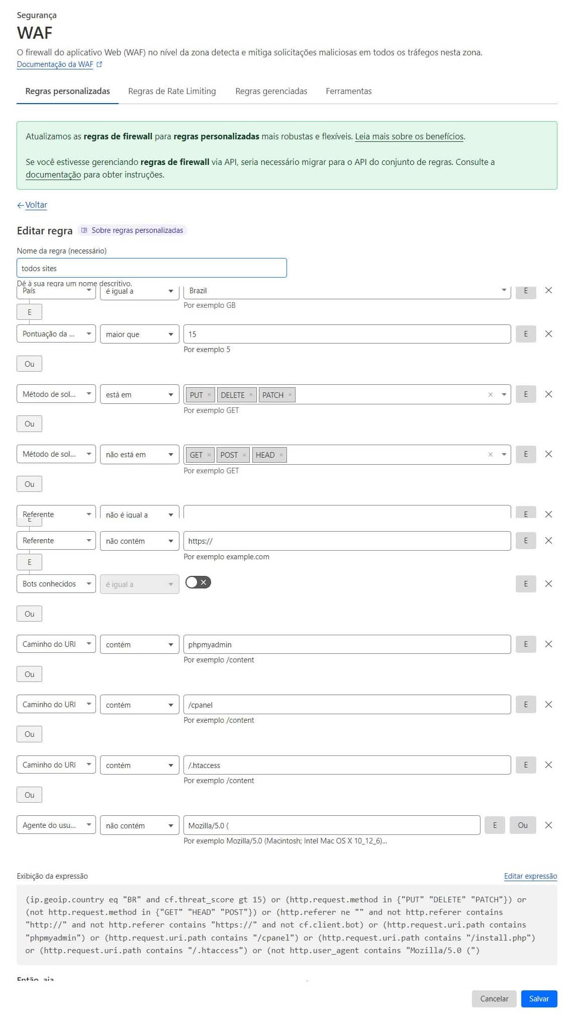 regras waf todos sites cloudflare
