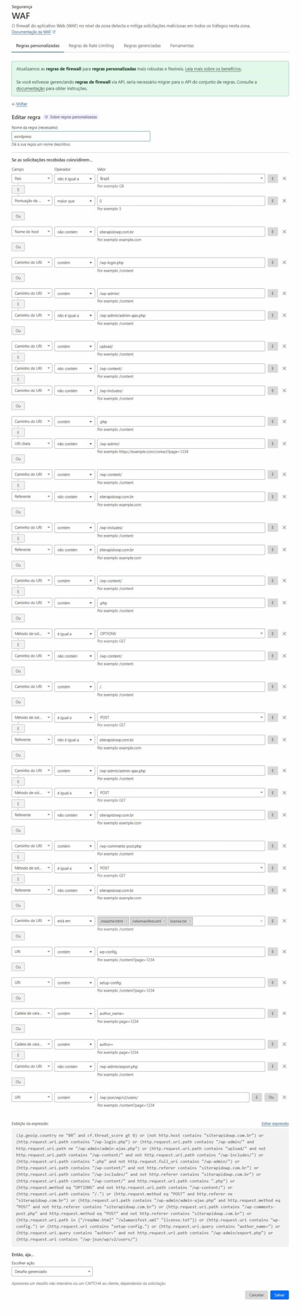 regras waf wordpress cloudflare